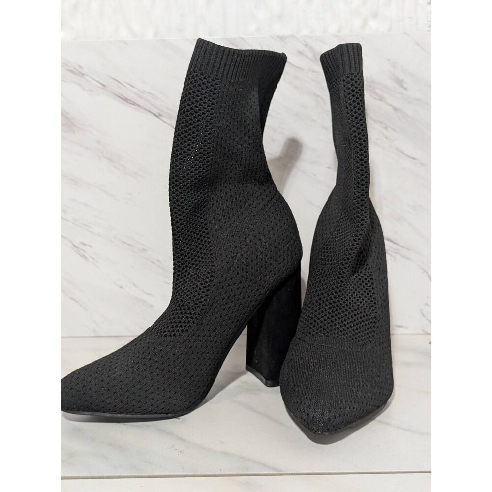 Krush Since 1970 Women's Black Chunky Suede 4" Heel Knitted Boots US Sz 8